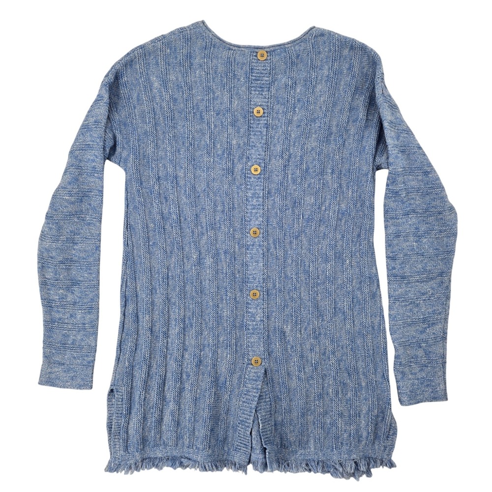J. Jill Womens XS Petite Button Back Fringe Hem Ribbed Knit Sweater Blue Boho